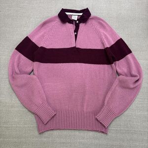 Vtg Y2K pink and purple raglan striped rugby sweater with corduroy snap collar